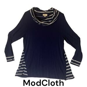 Modcloth womens 1x long sleeve navy blue stripe shirt cowl neck lightweight